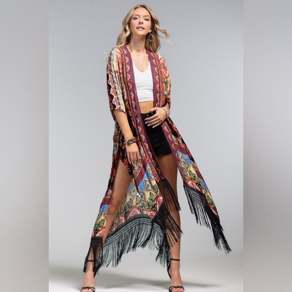 Bohemian Floral & Demask Print Kimono / Duster w/ Side Slits - Deep Rich Colors - Picture 2 of 7